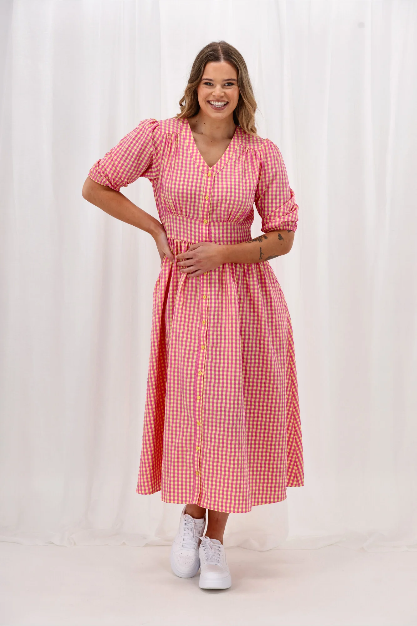 Sunday Boho Thea Dress Print Check Pink Yellow - Image 3