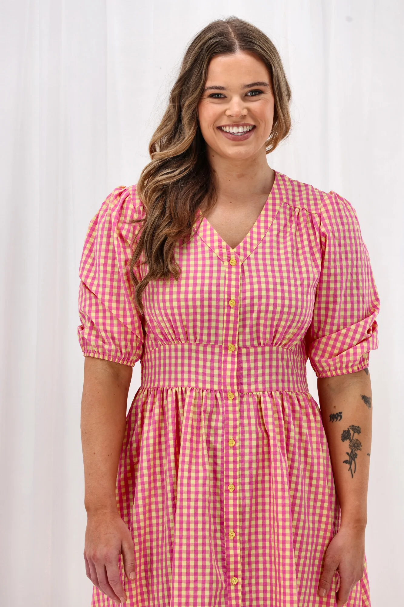 Sunday Boho Thea Dress Print Check Pink Yellow - Image 4