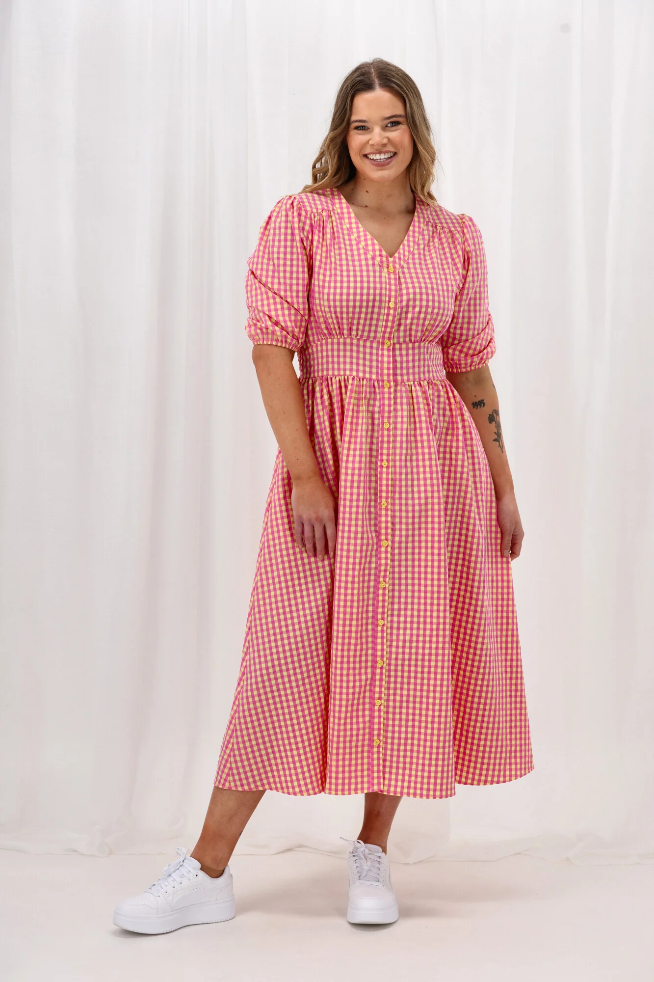 Sunday Boho Thea Dress Print Check Pink Yellow - Image 5