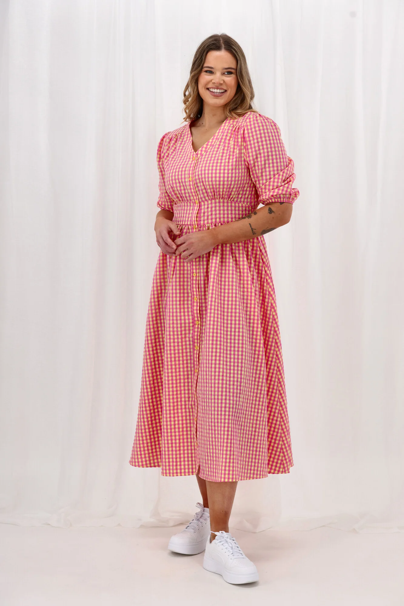 Sunday Boho Thea Dress Print Check Pink Yellow - Image 6