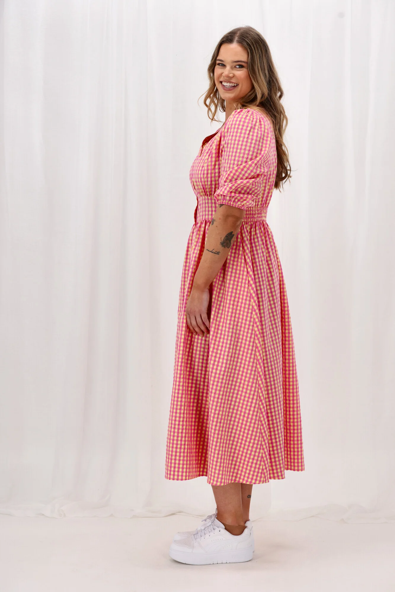 Sunday Boho Thea Dress Print Check Pink Yellow - Image 7